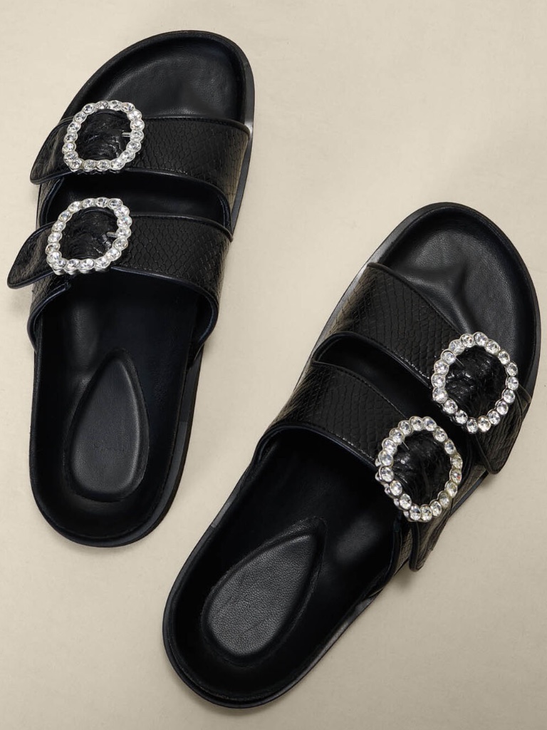 Croc Embossed Rhinestone Buckle Slide Sandals